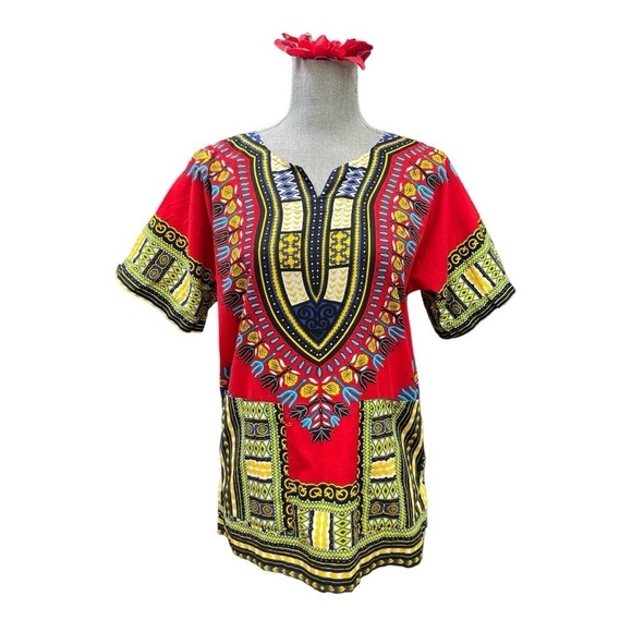 Dashiki Red with Multi colors cotton tunic size S - Picture 2 of 10